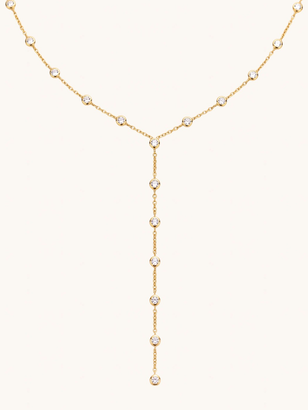 Front View of Myra Bezel Drop Lariat Necklace Comfort Fit 18k Gold Plated Steel | Hypoallergenic Tarnish Resistant Sweat Water One Size 6.8gms Stainless