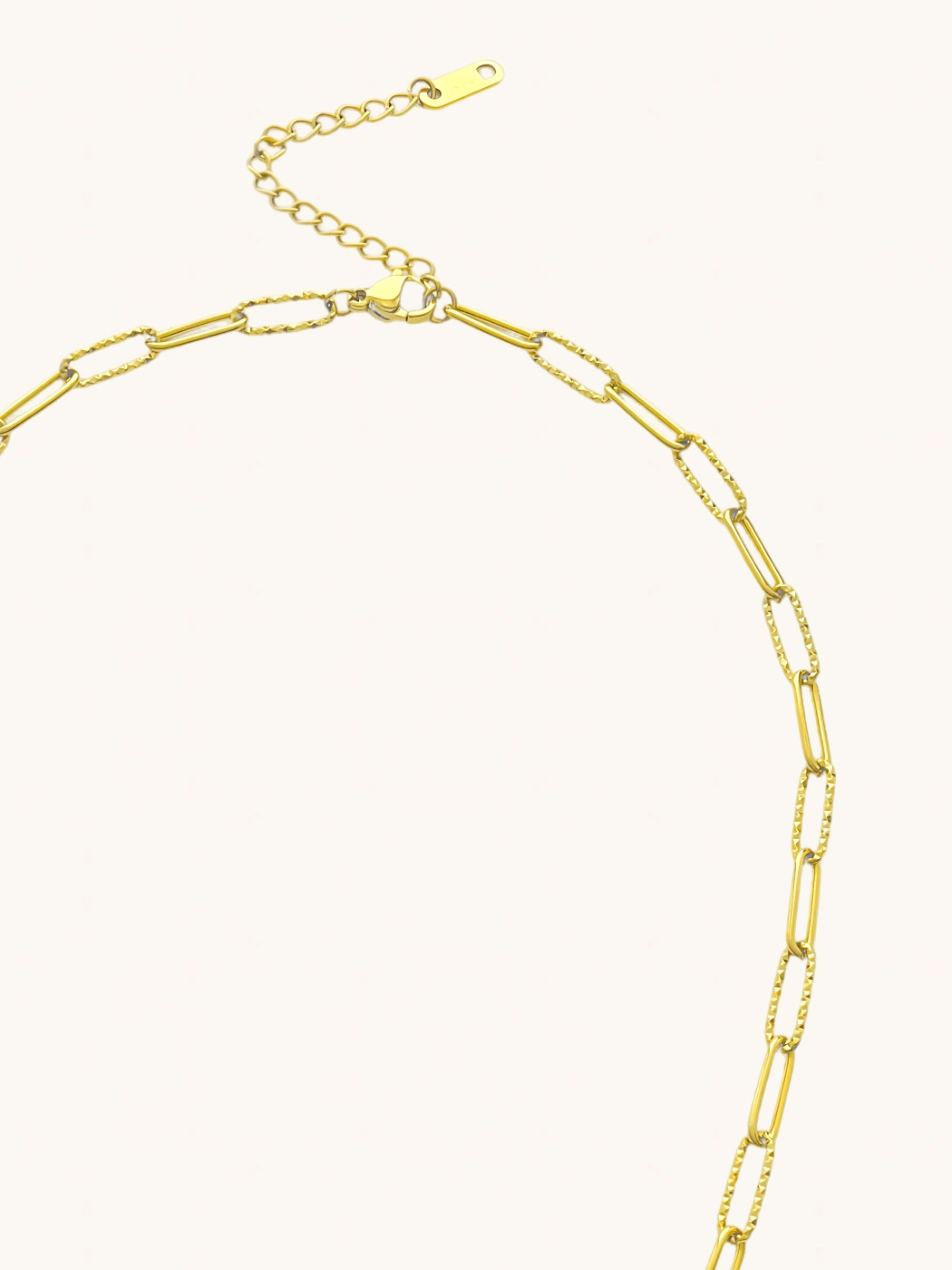 Rear View of Celine Paperclip Necklace in 18K Gold Plated Metal Adjustable Length 18k Steel | Hypoallergenic Tarnish Resistant Sweat Water Eco - Friendly One Size 6.1gms