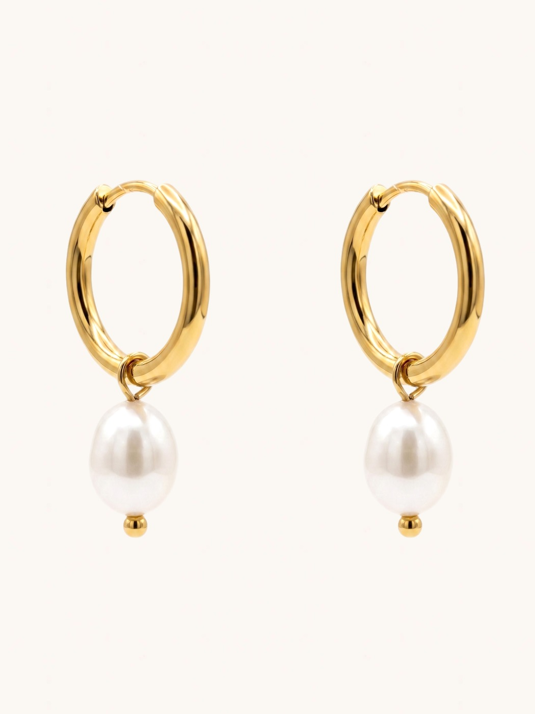 Front View of Jenna Pearl Hoop Earrings Jewelry for Pierced Ears 18k Gold Plated Steel | Hypoallergenic Tarnish Resistant Sweat Water Eco - Friendly One Size 3.2gms
