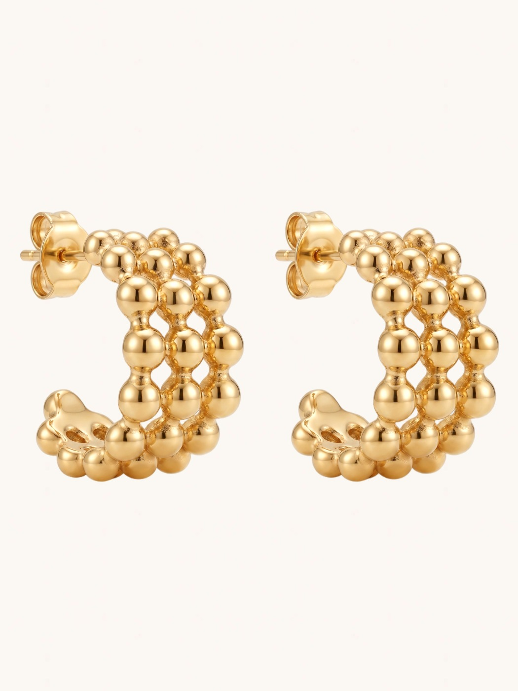 Front View of Nina C-Hoop Earrings Jewelry for Pierced Ears 18k Gold Plated Steel | Hypoallergenic Tarnish Resistant Sweat Water 1.5 cm 12.2gms Stainless