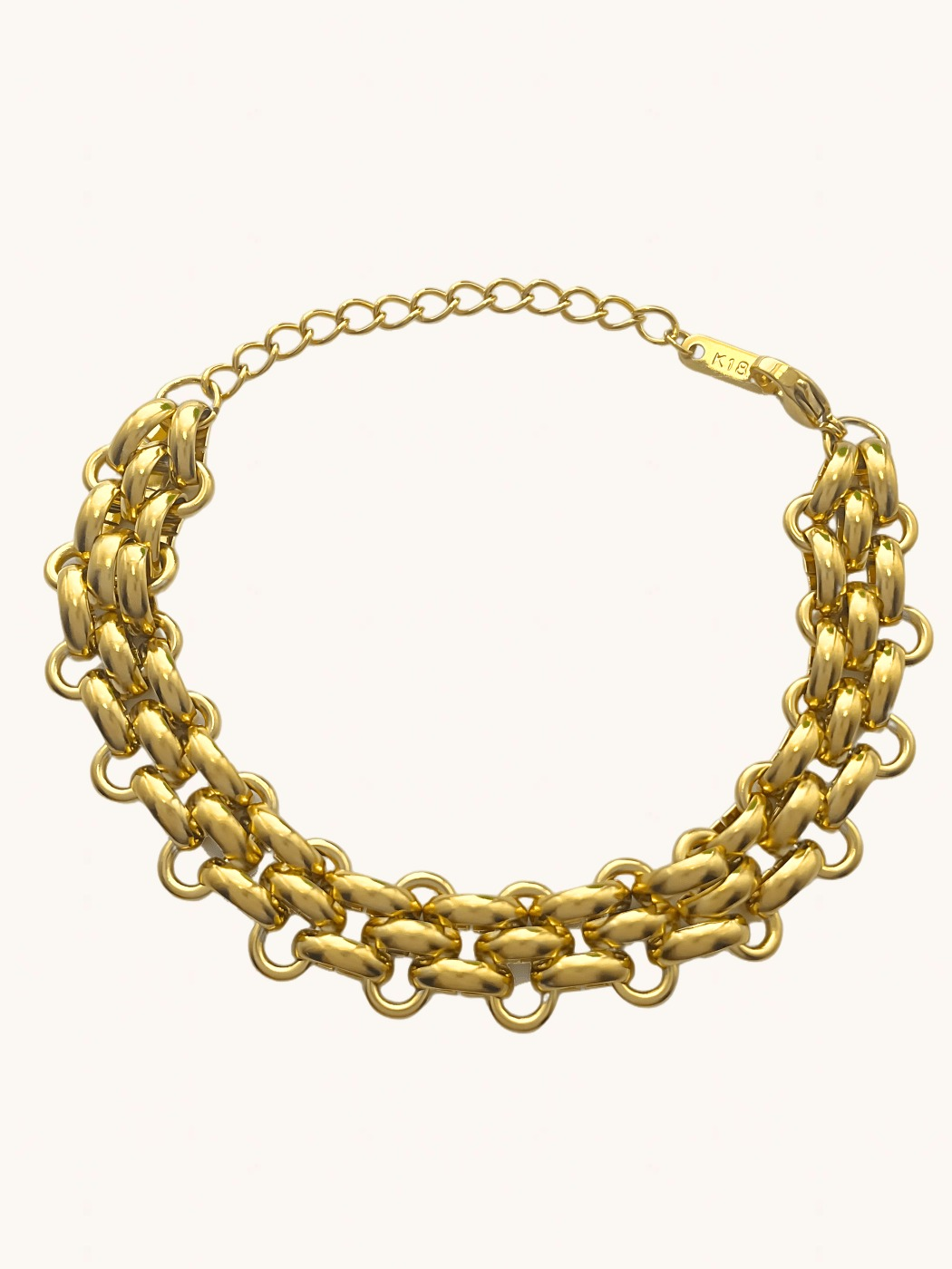 Front View of Clara Chunky Bracelet in 18k Gold Plated Metal Adjustable Length Steel | Hypoallergenic Tarnish Resistant Sweat Water Eco - Friendly 17 cm 25.5gms