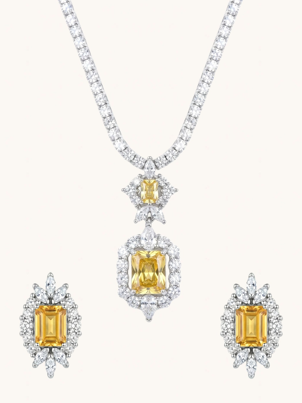 Front View of Amaris Tennis Necklace and Earrings in Rhodium Plated Metal-Yellow Comfort Fit Copper 16 inches 23.6gms Mix Metal