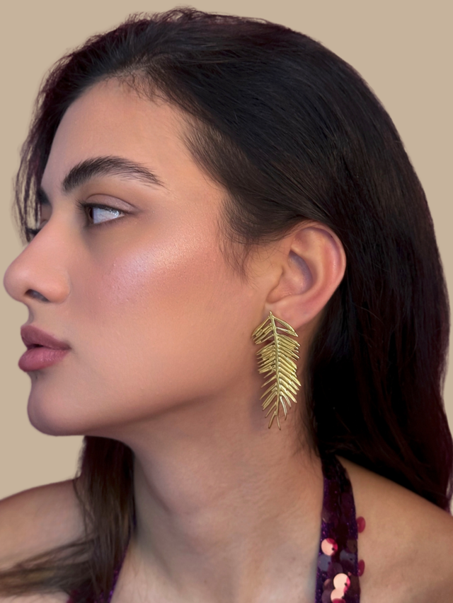 Model Wearing Palm Leaf Stud Earrings Jewelry for Pierced Ears 18k Gold Plated Steel | Hypoallergenic Tarnish Resistant Sweat Water Eco - Friendly One Size 16.3gms Stainless