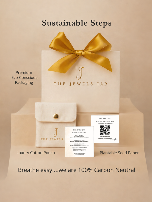 The Jewels Jar sustainable packaging: a cream gift box with a gold bow, cotton pouch and plantable seed paper card.