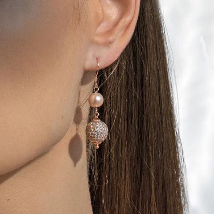 Model Wearing Lara Earrings in Sterling Silver with 18K Rose Gold Plating Jewelry for Pierced Ears 18k Plated 925 Metal Stone One Size 8gms