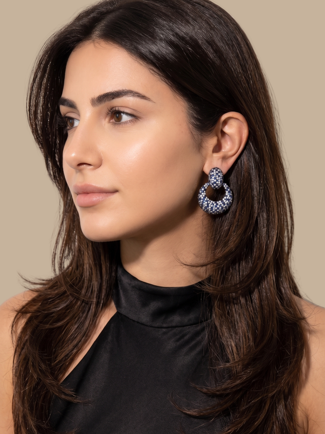 Model Wearing Soraya Blue Double Drop Earrings in Plated Metal Jewelry for Pierced Ears Copper 4 cm 23.1gms