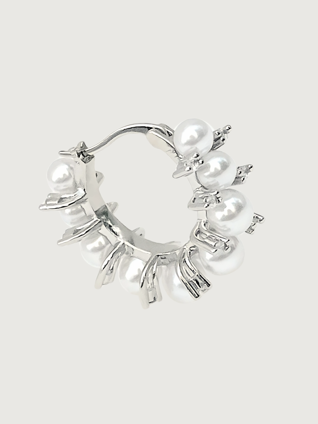 Closeup of Lea Pearl Hoop earrings in Rhodium Plating Jewelry for Pierced Ears Plated Brass Metal Stone 3 cm 9.7gms