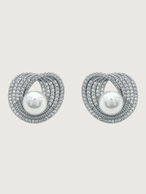 Front View of Lusterloop Stud Earrings in Rhodium Plated Metal Jewelry for Pierced Ears Brass Post / Pin & Push 925 Sterling Silver Stamp Marked 2 cm 6.4gms