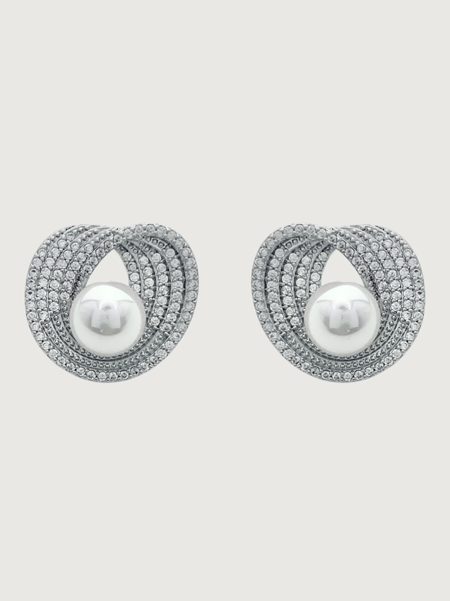 Front View of Lusterloop Stud Earrings in Rhodium Plated Metal Jewelry for Pierced Ears Brass Post / Pin & Push 925 Sterling Silver Stamp Marked 2 cm 6.4gms