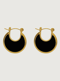 Front View of Joana Black Hoop earrings in 18k Gold Plated Metal Jewelry for Pierced Ears Steel | Hypoallergenic Tarnish Resistant Sweat Water Stone Eco - Friendly One Size 5.9gms