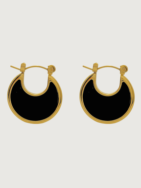 Front View of Joana Black Hoop earrings in 18k Gold Plated Metal Jewelry for Pierced Ears Steel | Hypoallergenic Tarnish Resistant Sweat Water Stone Eco - Friendly One Size 5.9gms