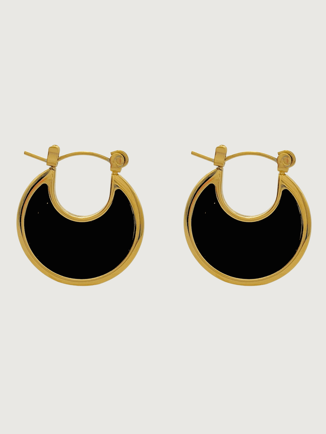 Front View of Joana Black Hoop earrings in 18k Gold Plated Metal Jewelry for Pierced Ears Steel | Hypoallergenic Tarnish Resistant Sweat Water Stone Eco - Friendly One Size 5.9gms