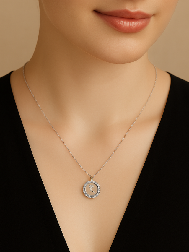 Model Wearing Arabic Pendant "M" in 925 Sterling Silver Adjustable Length 16 inches 4gms