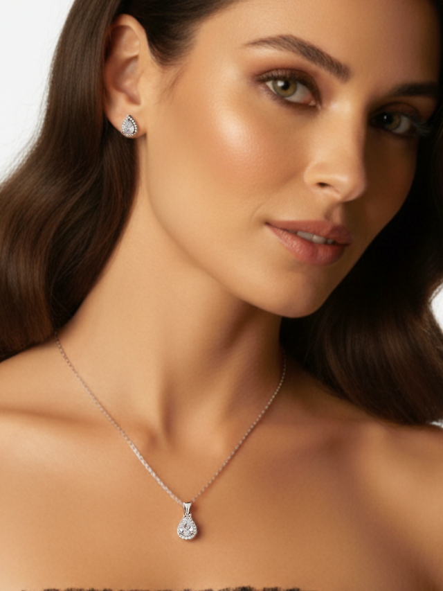 Model Wearing Zia Drop Pendant Necklace & Stud Earring Set in Sterling Silver Fixed Length 925 Metal 16 inches 3gms