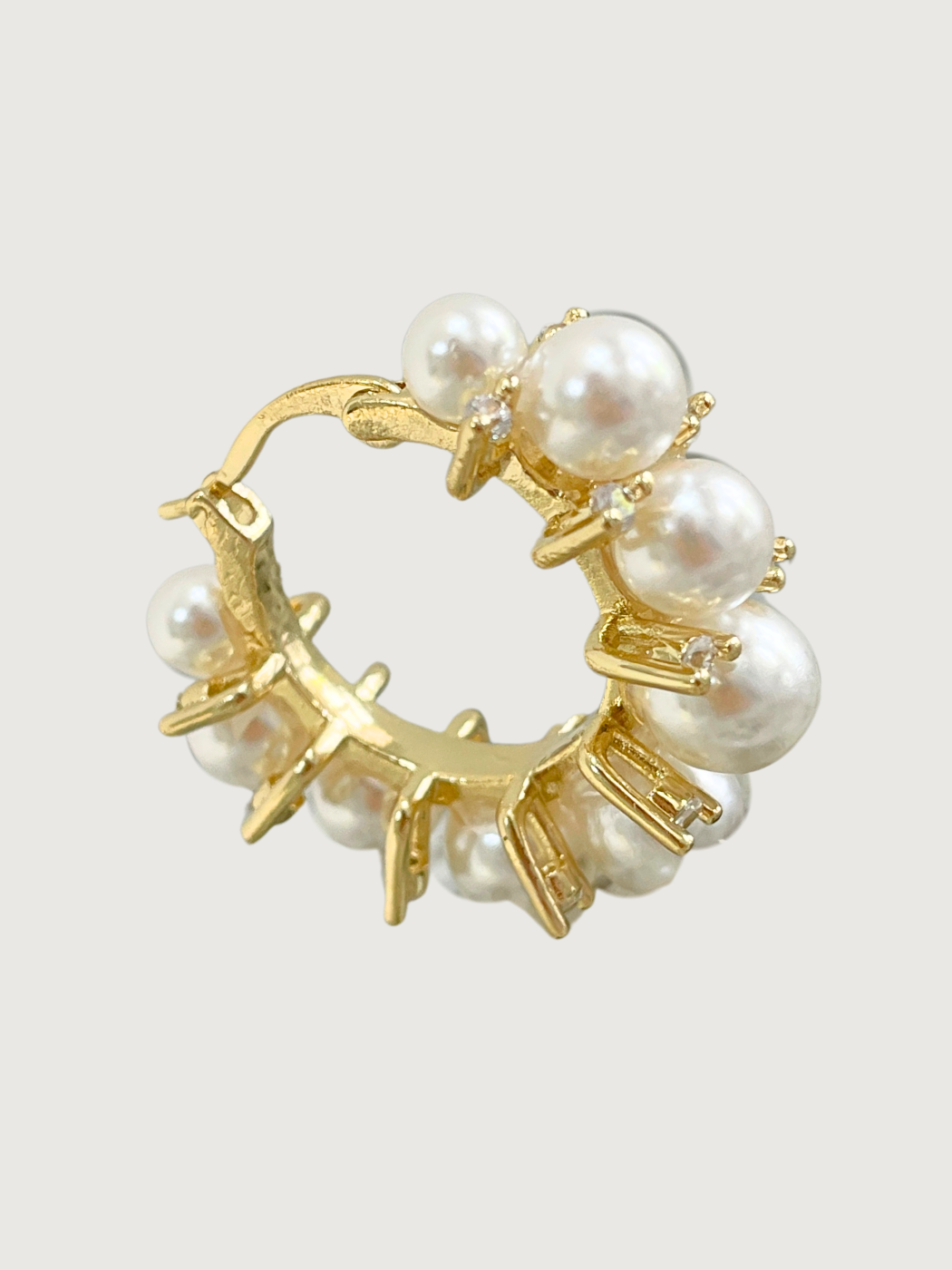 Closeup of Lea Pearl Hoop earrings in 18k Gold Plated Metal Jewelry for Pierced Ears 18K Brass Stone 3 cm 9.5gms