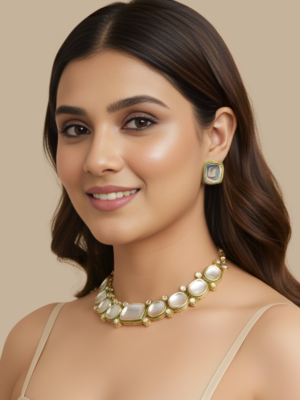 Model Wearing Chaya Kundan Polki Jadau Choker Necklace and Stud Earrings Set Adjustable Length Gold Plated Brass Metal Stone One Size 92.7gms