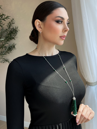 Model Wearing Soha Tassel Necklace Adjustable Length 925 Sterling Silver Rhodium Plated Brass 79 cm 25.2gms