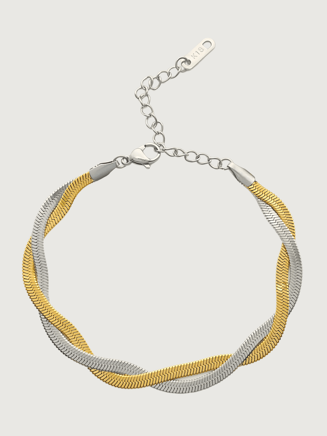 Front View of Raia Two-tone Ripple Bracelet in 18K Gold Plated Metal Adjustable Length Two Tone | Tarnish Resistant Steel Water Hypoallergenic Durable Jewelry Sweat Eco - Friendly One Size 5.1gms