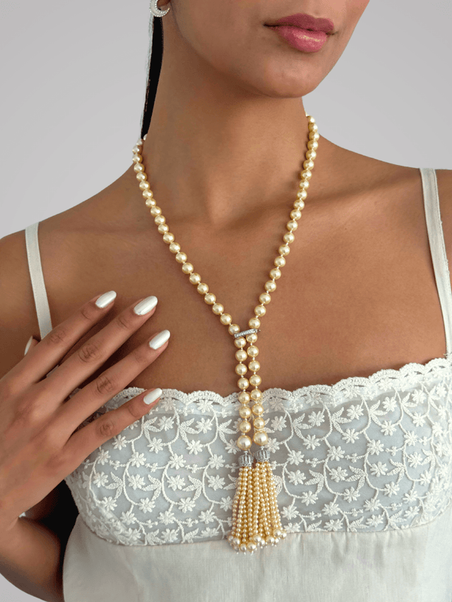 Model Wearing Hessa Cream Pearl Tassel Necklace with Brass clip Fixed Length Rhodium Plated Metal Stone One Size 72.1gms
