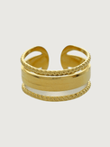 Front View of Isabella Open Ring in 18k Gold-Plated Metal Open-Adjustable-Resizable Gold Plated Steel | Hypoallergenic Tarnish Resistant Sweat Water Eco - Friendly One Size 2.9gms