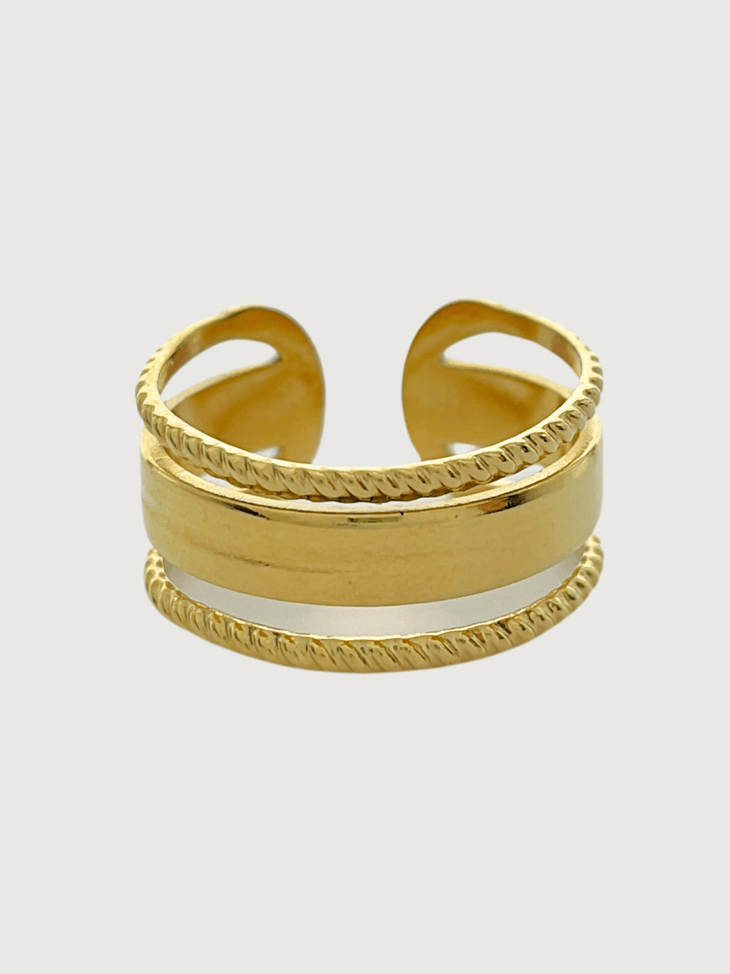 Front View of Isabella Open Ring in 18k Gold-Plated Metal Open-Adjustable-Resizable Gold Plated Steel | Hypoallergenic Tarnish Resistant Sweat Water Eco - Friendly One Size 2.9gms
