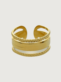 Front View of Isabella Open Ring in 18k Gold-Plated Metal Open-Adjustable-Resizable Gold Plated Steel | Hypoallergenic Tarnish Resistant Sweat Water Eco - Friendly One Size 2.9gms