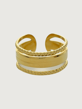 Front View of Isabella Open Ring in 18k Gold-Plated Metal Open-Adjustable-Resizable Gold Plated Steel | Hypoallergenic Tarnish Resistant Sweat Water Eco - Friendly One Size 2.9gms