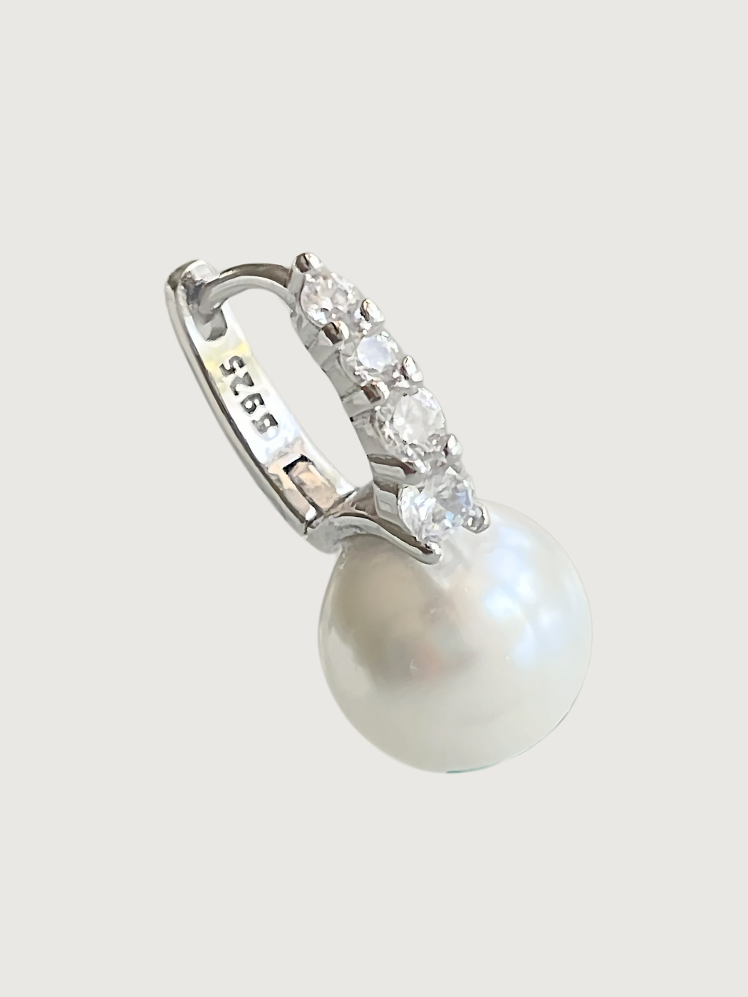 Closeup of Bianca Pearl Huggie Hoop Earrings in 925 Sterling Silver Jewelry for Pierced Ears Metal Stone 2 cm 3.7gms