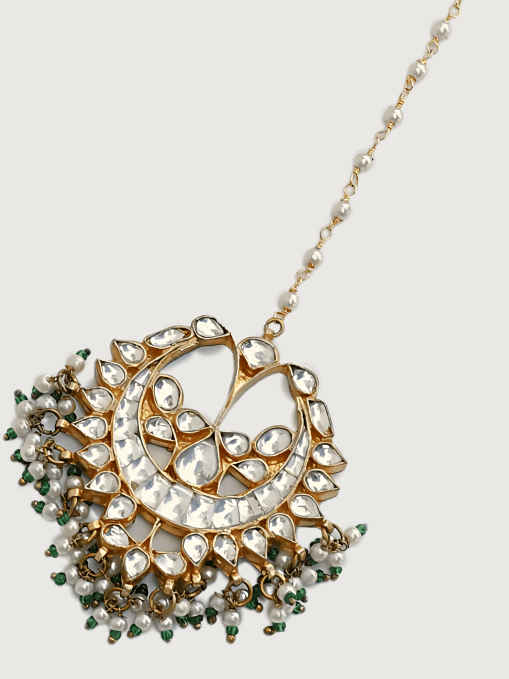 Adah Pearls and Green Onyx Beaded Maang Tika Fixed Length Gold Plated Metal Stone One Size 19.6gms Brass