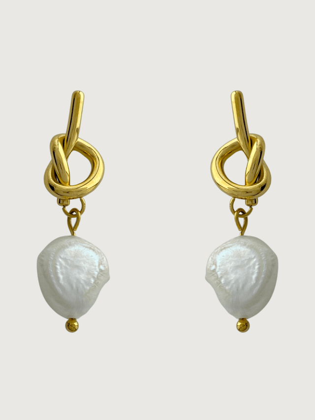 Front View of Twisted-knot Pearl Dangle Earrings in 18k Gold-Plated Metal Jewelry for Pierced Ears Gold Plated Steel | Hypoallergenic Tarnish Resistant Sweat Water Stone Eco - Friendly One Size 5.4gms