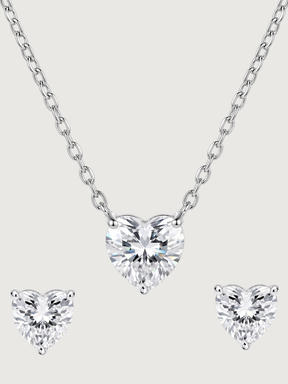Front View of Serafina Solitaire Heart Pendant and Stud Earrings Adjustable Length 925 Sterling Silver One Size 3.4gms