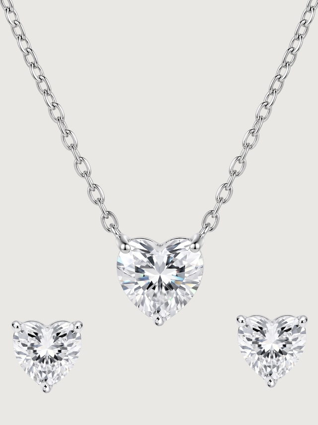Front View of Serafina Solitaire Heart Pendant and Stud Earrings Adjustable Length 925 Sterling Silver One Size 3.4gms