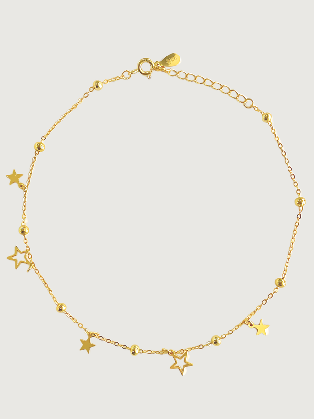 Front View of Stella Star Anklet in 18k Gold Plated Sterling Silver Comfort Fit 925 Metal 9 inches 1.9gms