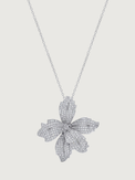 Front View of Orchid Bloom Brooch Pendant in Rhodium-Plated Metal Comfort Fit 925 Sterling Silver Chain Rhodium Plated Brass One Size