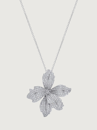 Front View of Orchid Bloom Brooch Pendant in Rhodium-Plated Metal Comfort Fit 925 Sterling Silver Chain Rhodium Plated Brass One Size