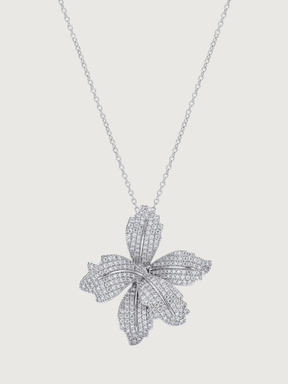 Front View of Orchid Bloom Brooch Pendant in Rhodium-Plated Metal Comfort Fit 925 Sterling Silver Chain Rhodium Plated Brass One Size