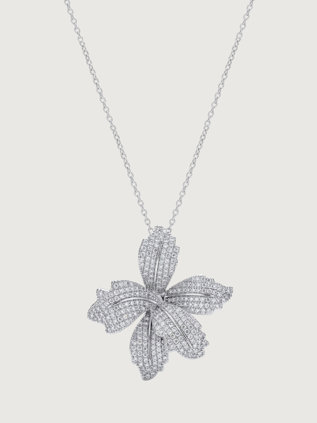 Front View of Orchid Bloom Brooch Pendant in Rhodium-Plated Metal Comfort Fit 925 Sterling Silver Chain Rhodium Plated Brass One Size