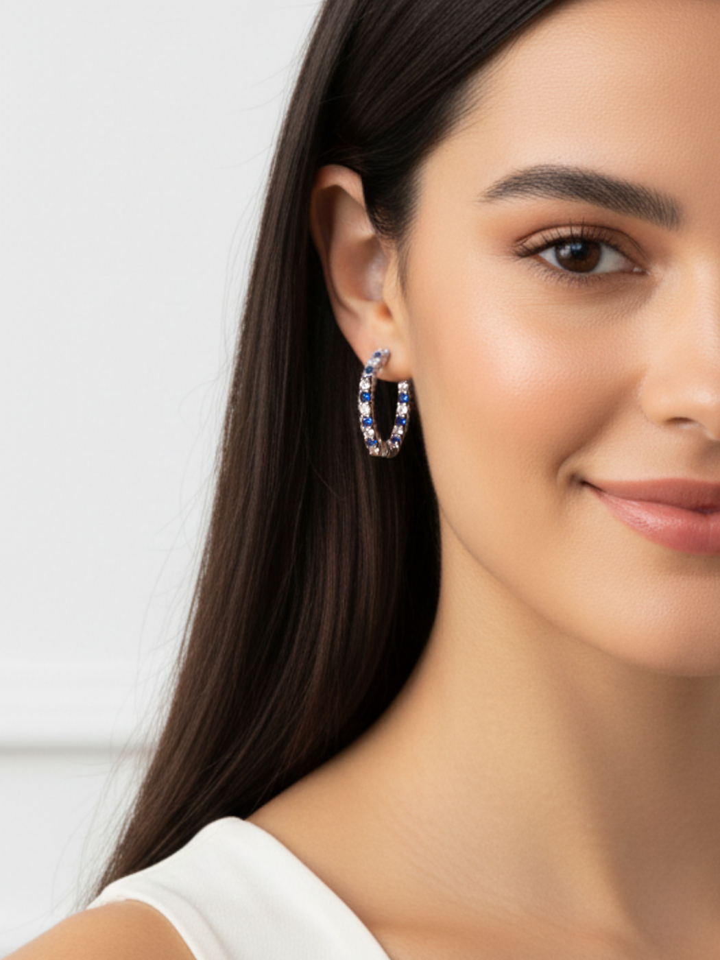 Alternate View of Model Wearing Azura Hoop Earrings in Sterling Silver Jewelry for Pierced Ears 925 Metal Stone 2.5 cm 5.7gms