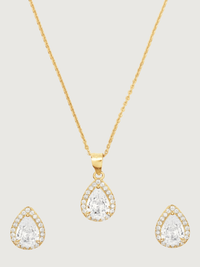 Front View of Zia Drop Pendant Necklace & Stud Earrings in 18k gold plated 925 sterling silver Comfort Fit Gold Plated Sterling Silver 16 inches 4.8gms