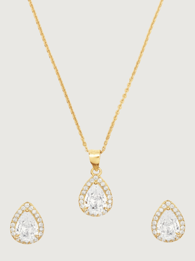 Front View of Zia Drop Pendant Necklace & Stud Earrings in 18k gold plated 925 sterling silver Comfort Fit Gold Plated Sterling Silver 16 inches 4.8gms