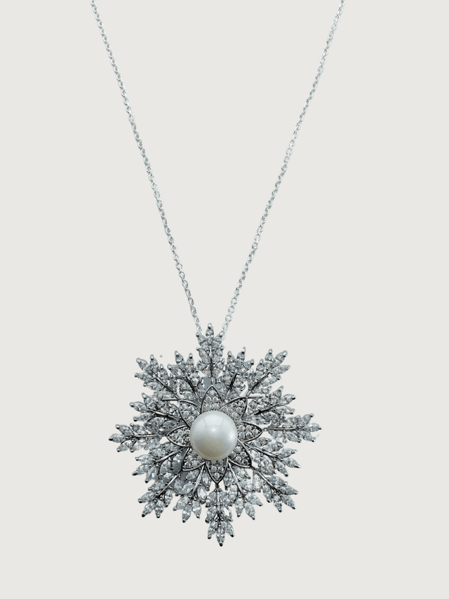 Front View of Snowflake Brooch Pendant Necklace in 925 Sterling Silver Regular Chain Rhodium Plated Brass Metal Stone One Size 21.6gms