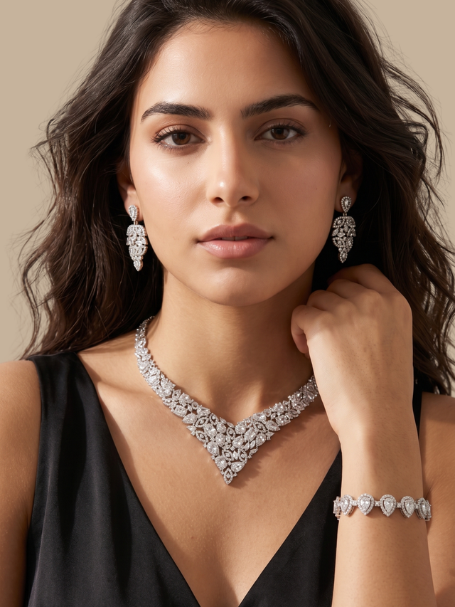 Model Wearing Thea Necklace Set Comfort Fit Rhodium Plated Copper One Size 67gms