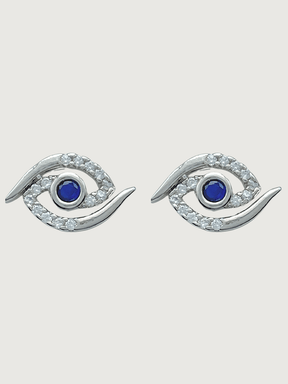 Front View of Aria's Silver Mini Evil Eye Stud Earrings in Sterling Jewelry for Pierced Ears 925 Metal Stone One Size 2.1gms