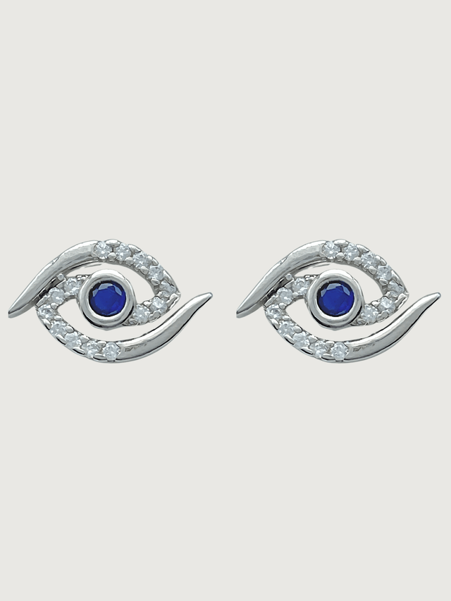 Front View of Aria's Silver Mini Evil Eye Stud Earrings in Sterling Jewelry for Pierced Ears 925 Metal Stone One Size 2.1gms