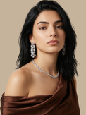 Alternate View of Model Wearing Celeste Chandelier Crystal Drop Earrings Jewelry for Pierced Ears Post / Pin & Push in 925 Sterling Silver Stamp Marked Rhodium Plated Metal One Size 26.6gms Copper