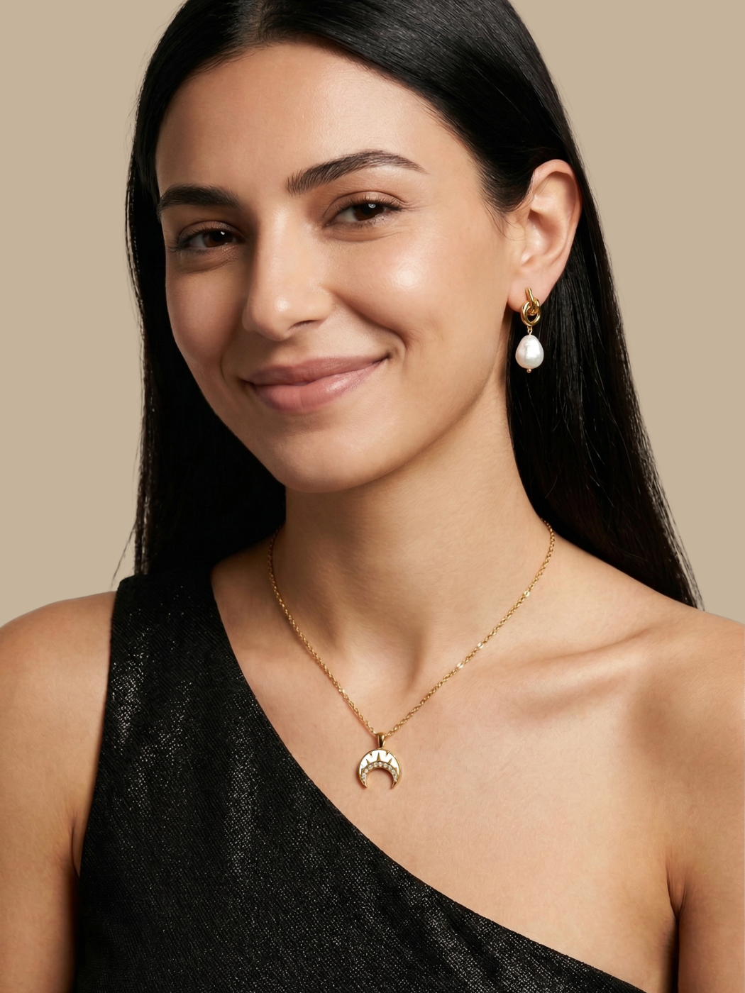 Model Wearing Mina Moonbeam Pendant Necklace Adjustable Length 18k Gold Plated Steel | Hypoallergenic Tarnish Resistant Sweat Water Eco - Friendly One Size 4.3gms