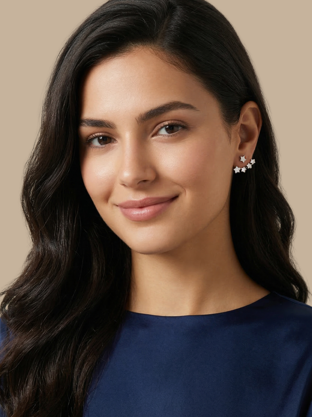 Alternate View of Model Wearing Jia Ear Jacket Earrings Jewelry for Pierced Ears 925 Sterling Silver 2 cm 2.2gms