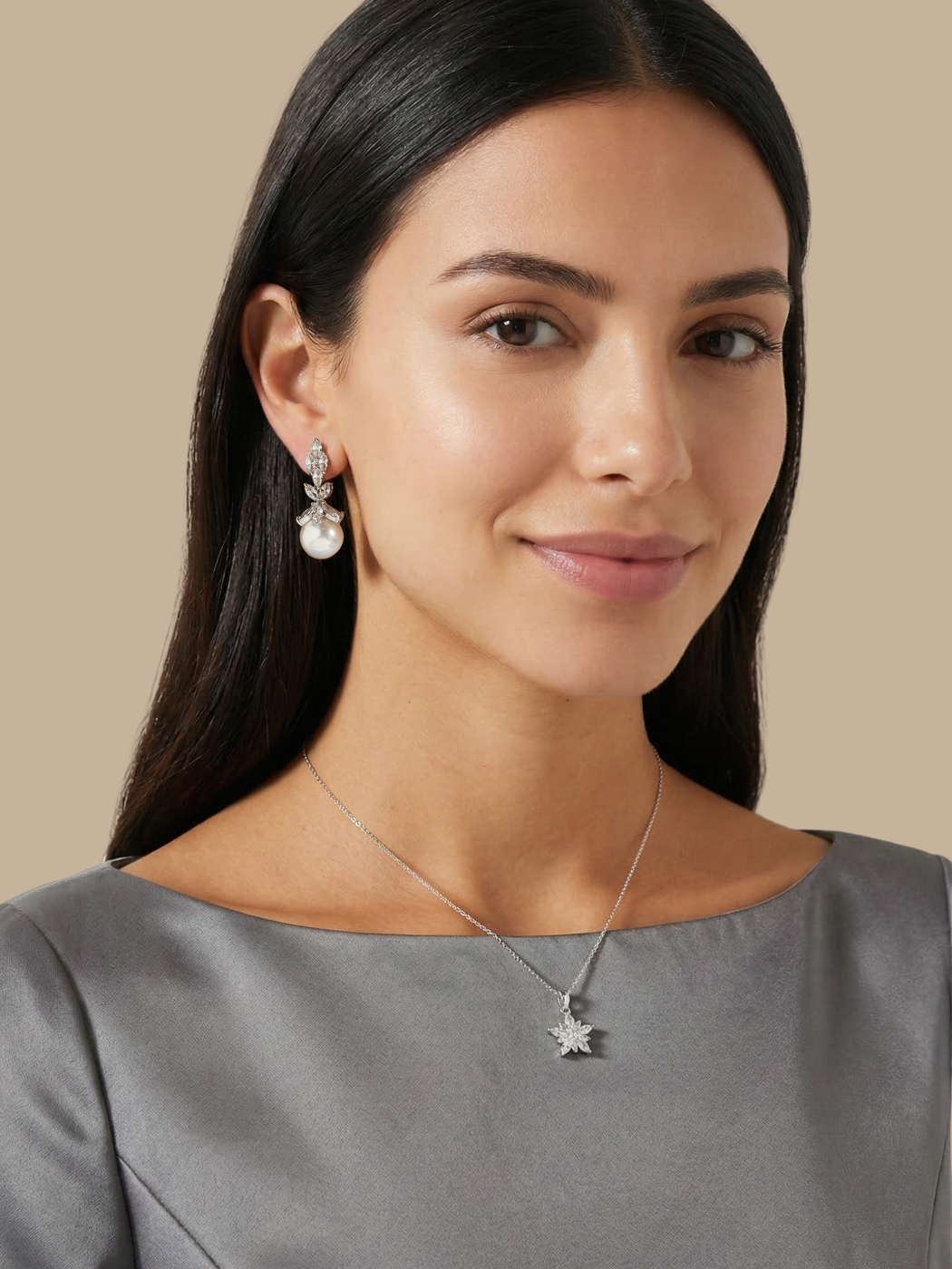 Alternate View of Model Wearing Rania Pearl Dangle Earrings Jewelry for Pierced Ears Post / Pin & Push in 925 Sterling Silver Stamp Marked Plated Brass 4 cm 11gms