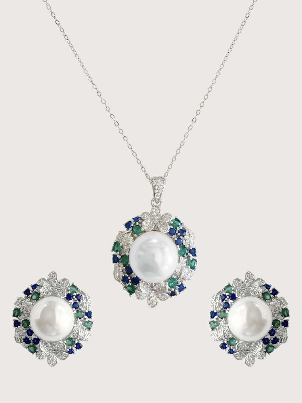 Front View of Yasmine Pearl Pendant Necklace & Stud Earrings set Comfort Fit 925 Sterling Silver Rhodium Plated Brass Stone Metal 2 cm 22.7gms