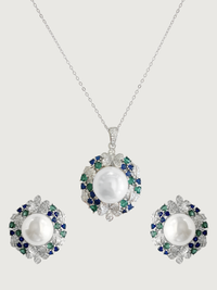 Front View of Yasmine Pearl Pendant Necklace & Stud Earrings set Comfort Fit 925 Sterling Silver Rhodium Plated Brass Stone Metal 2 cm 22.7gms